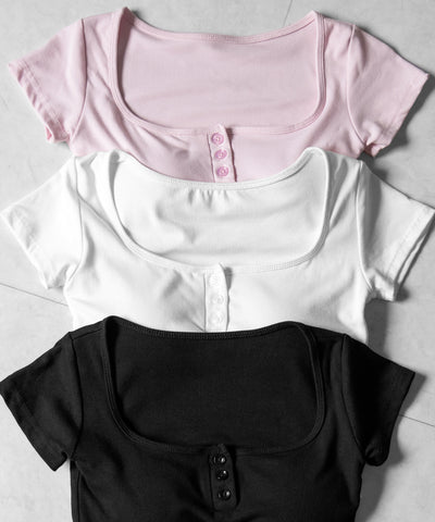 ヘンリーネックスクエアショートＴシャツ ／Henley neck square T-shirts