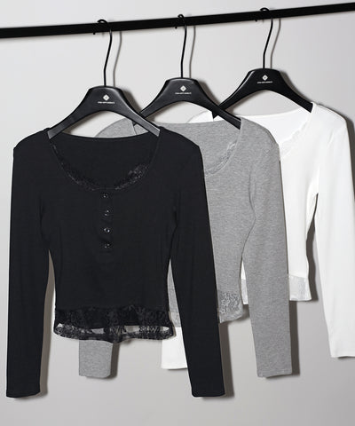 【 人気アイテムの長袖verが新登場！ 】レースレイヤードヘンリーネックスクエア長袖Ｔシャツ ／ lace layered henley neck square long sleeve T-shirt
