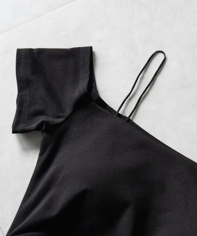 【 セットアップ 】ダブルシャーリングリボンワンショルミニワンピ＋ショートパンツ SET ／ 【 SETUP 】double shirring ribbon one-Shoulder mini onepiece + short pants SET