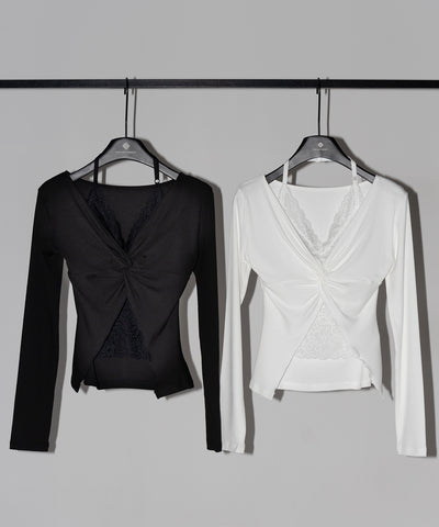 レースレイヤードクロスデザイン長袖Ｔシャツ ／Lace-layered cross design long-sleeved T-shirt