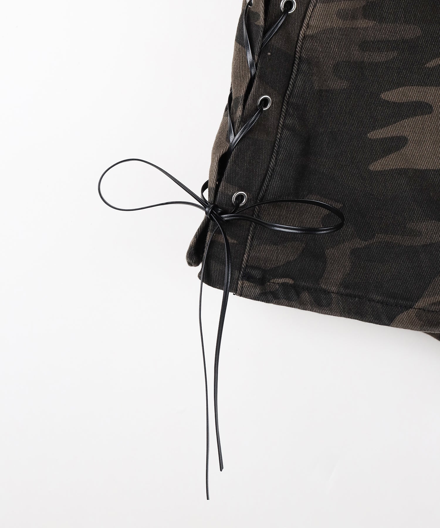 ヴィンテージカモフラレースアップデニムミニスカパン ／ vintage camouflage lace up denim mini skirt pants