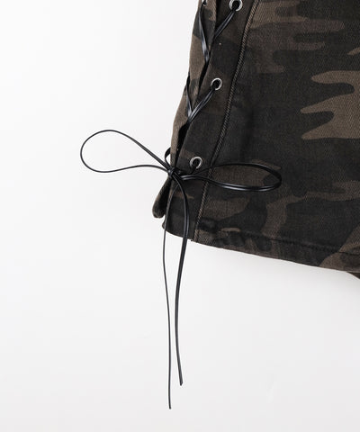 ヴィンテージカモフラレースアップデニムミニスカパン ／ vintage camouflage lace up denim mini skirt pants