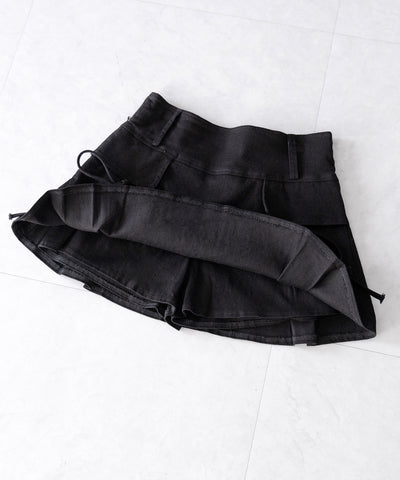【 ２color ／ ３size 】ヴィンテージライクリボンデニムミニスカパン ／ vintage like ribbon denim mini skirt pants