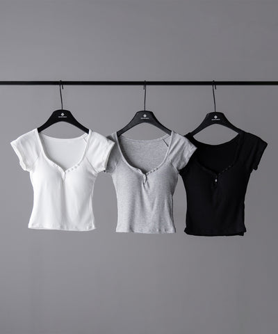 【 ３color 】ミニボタンヘンリーネック半袖チビTシャツ ／ mini button Henley neck short sleeve chibi T-shirt