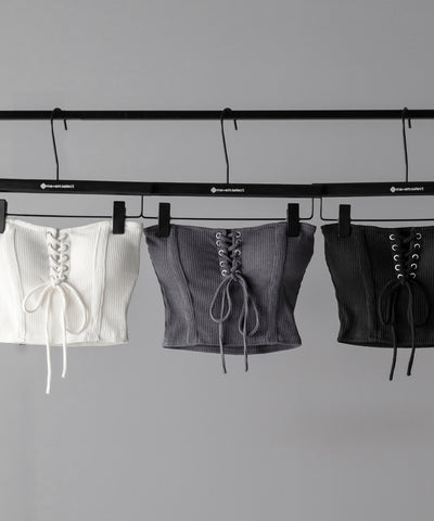 【カップ付き 】レースアップコルセットリボンショートリブベアトップ ／ laceup corset ribbon short ribbed bare top