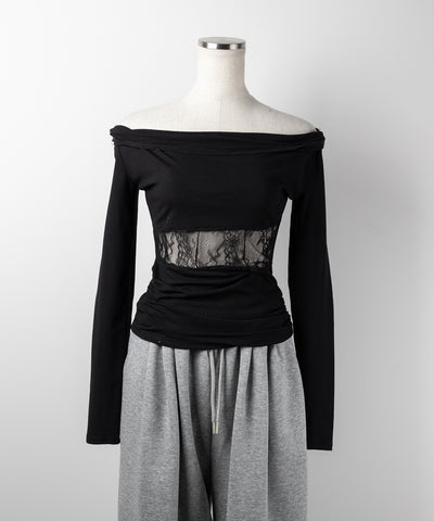 【 ２color 】ウエストレースカットアウトオフショルトップス ／ waist lace cutout offshoulder tops
