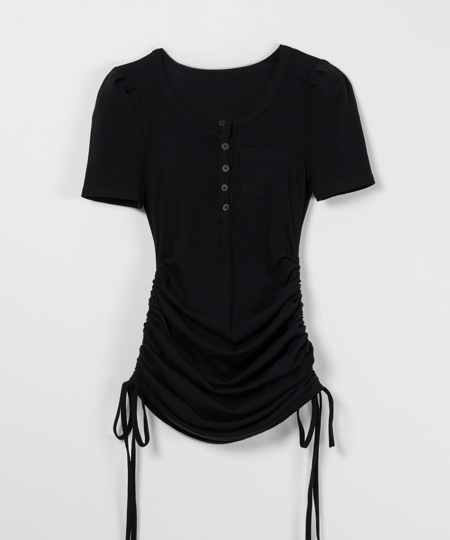 【 ２color 】シャーリングリボンヘンリーネックミニワンピース ／ shirring ribbon henley neck mini onepiece
