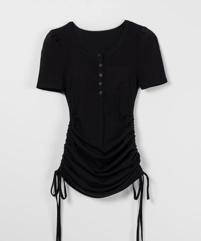 【 ２color 】シャーリングリボンヘンリーネックミニワンピース ／ shirring ribbon henley neck mini onepiece