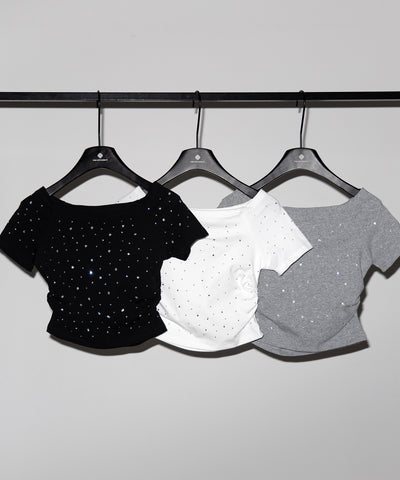 ラインストーンオフショルスリムTシャツ ／ Rhine stone off shoulder slim T-shirts