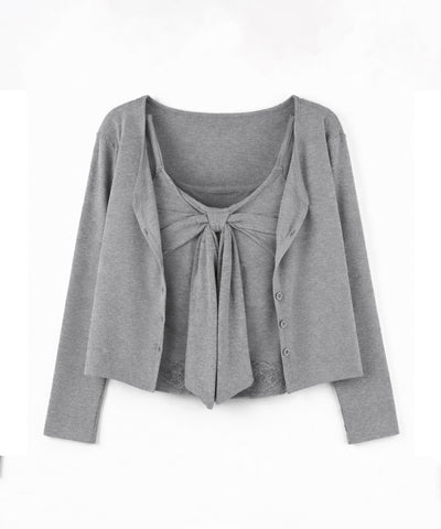 【 ２点セット 】リボンカットソーキャミソール ＋ カーディガンセット ／ribbon cutsew camisole + cardigan SET
