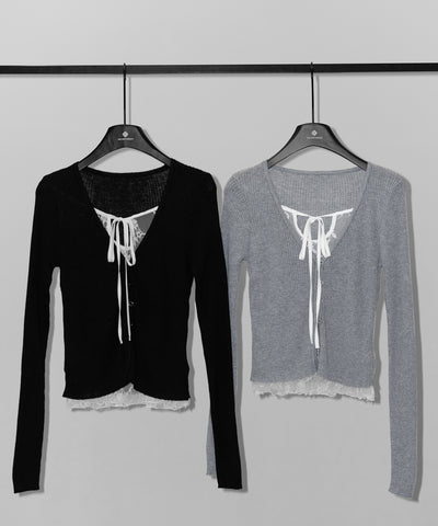 フロントリボンレースレイヤードリブニットカーディガン ／ front ribbon lace layered lib knit cardigan