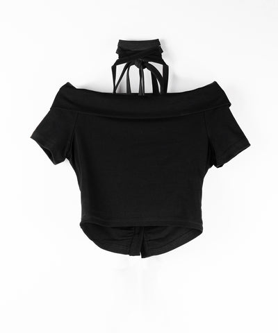 【 ３color 】チョーカーロングタイ付き　オフショルダータックギャザーＴシャツ ／ choker long tie SET offshoulder tuck gather slim T-shirt