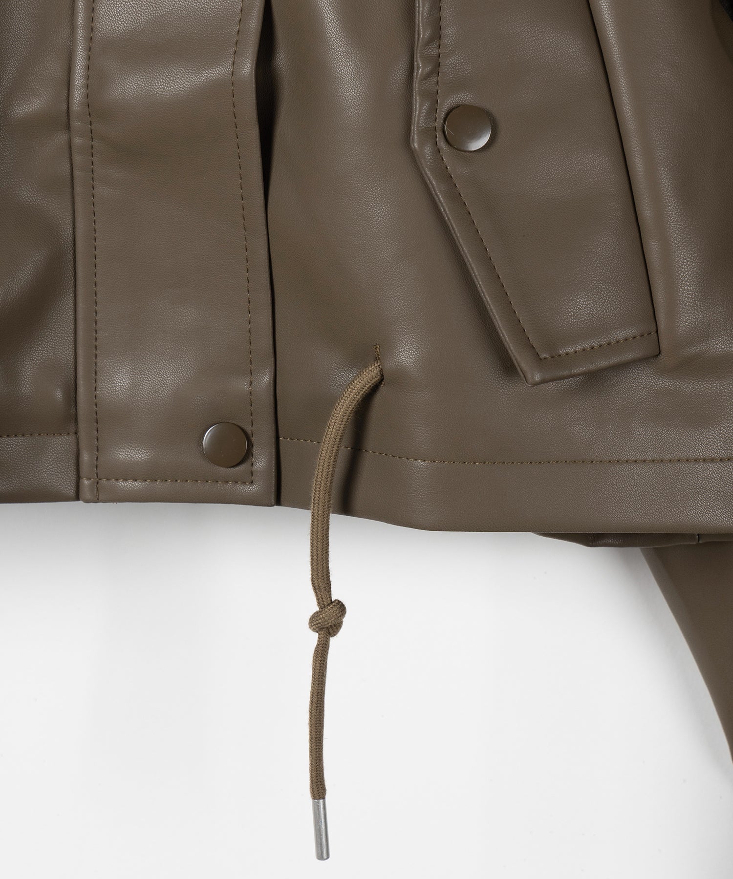 【 ２WAY 】スタンドカラーベルテッドフェイクレザーショートブルゾン ／ stand collar belted fake leather short blouson