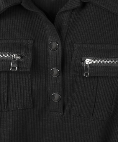 アウトポケットポロネックリブカットソートップス ／ out pocket polo neck rib cutsew tops