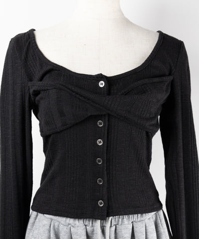 【 ３color 】フロントボタンオープンネックリブカットソートップス ／ front button open neck ribbed cutsew tops