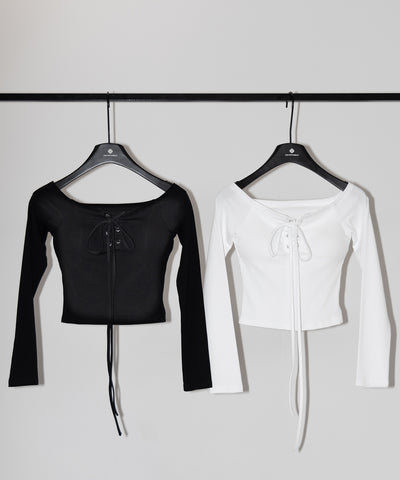 【 クロスネックにできる2WAY 】フロントレースアップオフショルショートトップス ／ 2WAY front laceup offShoulder short tops