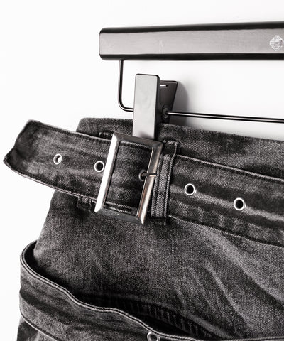 【 インパン裏地付 】ダブルベルトヴィンテージデニムプリーツミニスカート ／ double belt vintage denim pleats mini skirt