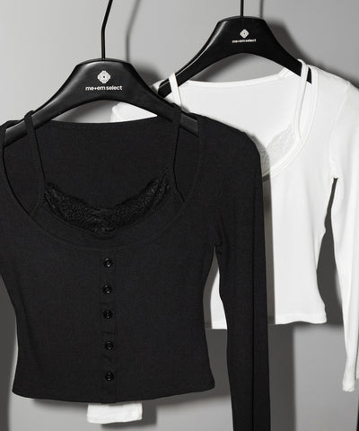 レースキャミスクエアネック長袖リブＴシャツ ／ Lace camisole square neck long-sleeve ribbed T-shirt