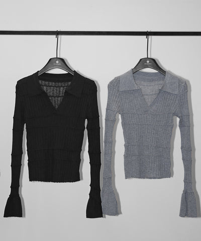 スキッパーネックスリムリブニットトップス ／ skipper neck slim rib knit tops