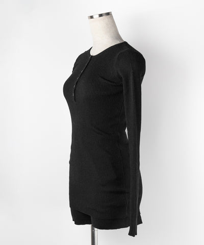 【 セットアップ 】ヘンリーネックスリムリブニットトップス＆ニットショートパンツ SET ／ henley neck slim rib knit tops ＆ knit short pants SET