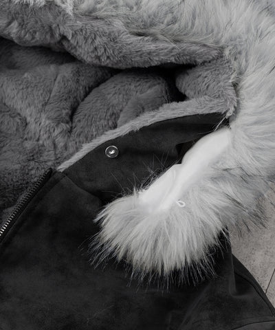 ファーフードヴィンテージフェイクレザーオーバーブルゾン ／ fur hooded vintage fake leather over blouson