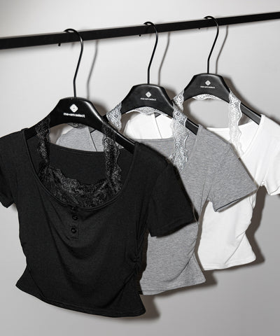 レースレイヤードホルターヘンリーネック半袖Ｔシャツ ／ lace layered halter henley neck short sleeve T-shirt