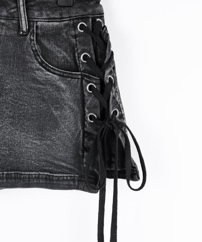 【 インパン裏地付き 】レースアップマイクロデニムミニスカパン ／ Lace-up micro denim mini skirt pants