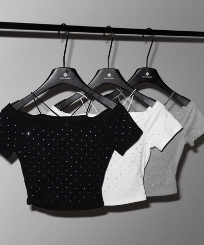 ラインストーンクロスネックショートTシャツ ／ Rhine stone cross neck short T-shirts