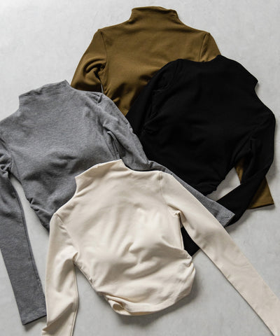 【 カップ付き ／ 裏起毛 】プチハイネックシャーリングショートカットソートップス