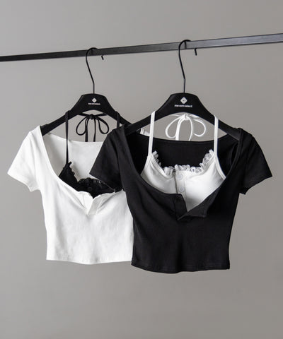 レースレイヤードドッキングスクエアネックＴシャツ ／ Lace layered docking square neck T-shirt