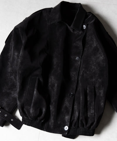 ヴィンテージフェイクレザーベルテッドジップアップオーバーブルゾン ／ Vintage fake leather belted zipup over blouson