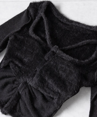 クロスストラップスクエアショートシャギーカーディガン ／ cross strap square short shaggy cardigan