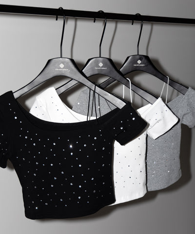 ラインストーンワンショルダーショートTシャツ ／ Rhine stone one shoulder short T-shirts