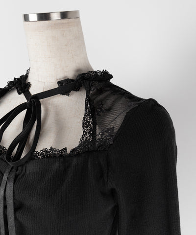 【 ２color 】チョーカーネックリボンレーシーカットソートップス ／ choker neck ribbon lacy cutsaw tops