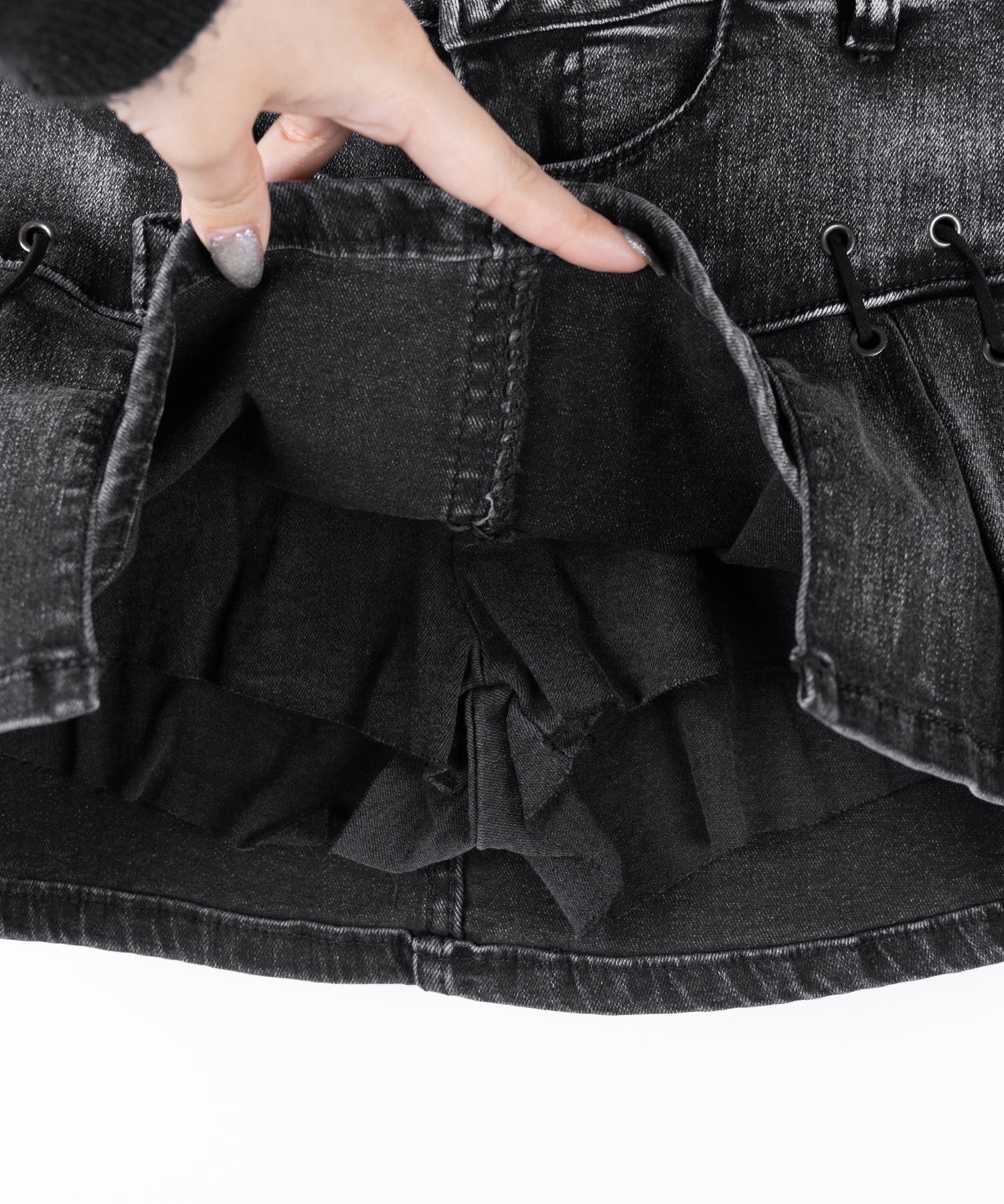 【 インパン裏地付 】ベルテッドマイクロプリーツデニムミニスカパン ／ belted micro pleats denim skirt pants