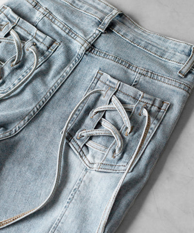 【４size 】バックリボンレースアップ美脚ストレッチフレアデニム ／ back ribbon lace up slim leg stretch flare denim