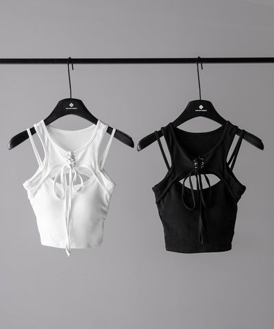 【 ２color 】レースアップリボンカットアウトリブショートタンク ／ laceup ribbon cutout rib short tank
