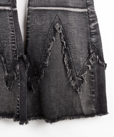 【 ２color ／ ４size 】クロスデザインヴィンテージライクフリンジストレッチフレアデニム ／ cross design vintage-like fringe stretch flare denim