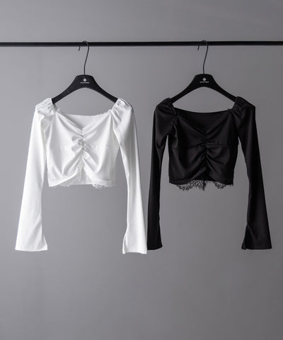 【 ２color 】レースドッキングシャーリングショートカットソートップス ／ lace docking shirring short cutsew tops