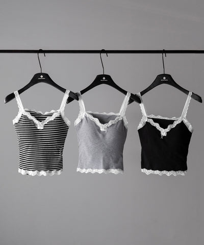 【 ３color 】バイカラーレースクロップドリブキャミソール ／ bicolor lace cropped rib camisole