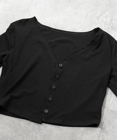 【 ２点セット 】バイカラーボタンベアトップス＆ショートカーディガン SET ／ bicolor button bare top & short cardigan SET