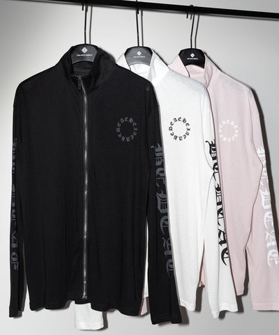 グランジロゴスタンドジップアップオーバーシアートップス ／ grunge logo stand zipup over sheer tops