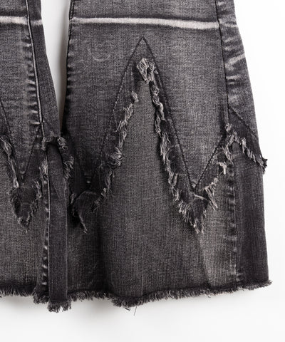 【 ２color ／ ４size 】クロスデザインヴィンテージライクフリンジストレッチフレアデニム ／ cross design vintage-like fringe stretch flare denim