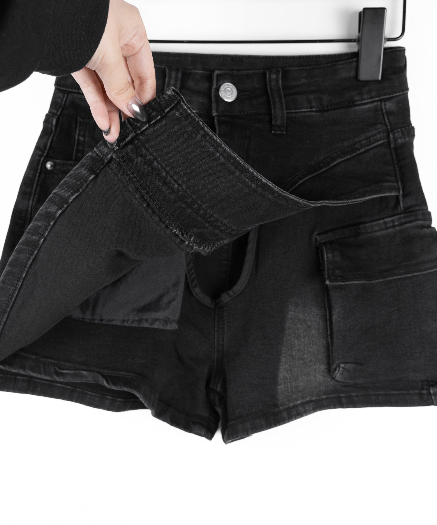 カーゴポケットレイヤードデニムミニスカパン ／ cargo pocket layered denim mini skirt pants