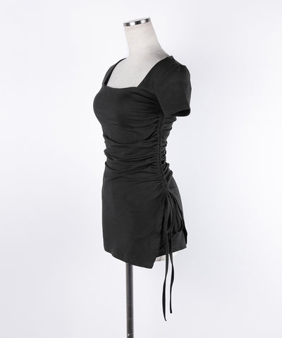 【 ２点セット 】スクエアネックサイドシャーリングミニワンピース＆インナーショートパンツ ワンホンセットアップ ／ square neck side shirring mini onepiece & inner short pants wanghong SETUP