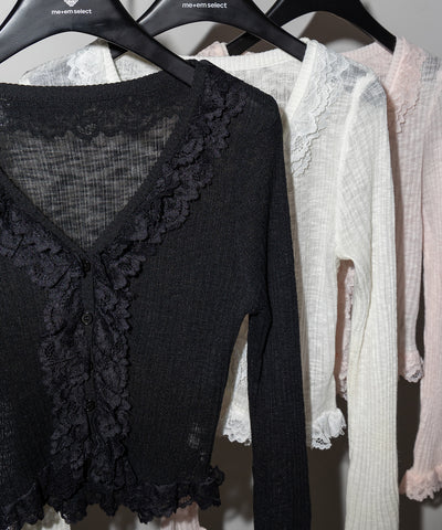 レースフリルシアーニットカーディガン ／ lace frill sheer knit cardigan