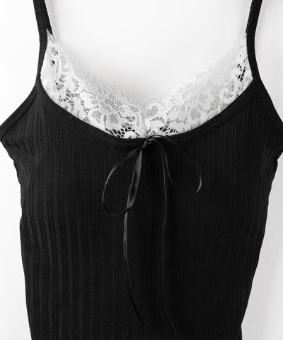 【 ３color ／ カップ付き 】フロントリボンレースドッキングキャミソール ／front ribbon lace docking camisole