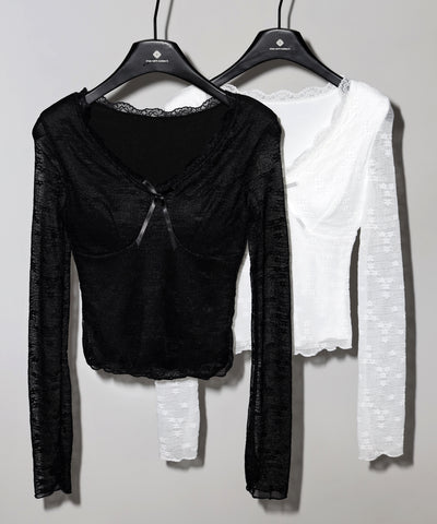 フロントリボンVネックレイヤードレーストップス ／ front ribbon v-neck layered lace tops