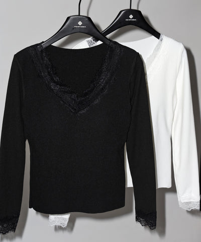 【 微起毛 】レーストリムタイトリブ長袖Ｔシャツ ／ lace trim tight rib long sleeve T-shirt