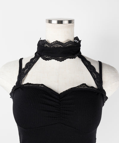 【 ２color ／ カップ付 】レースチョーカーストラップリブキャミソール ／ lace choker strap lib camisole